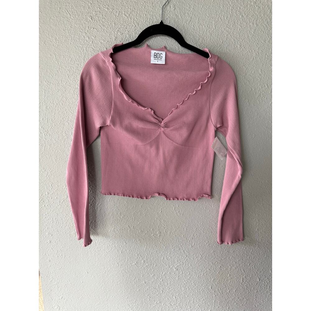 BDG Pink Ribbed Long Sleeve Lettuce-Edge Crop Top